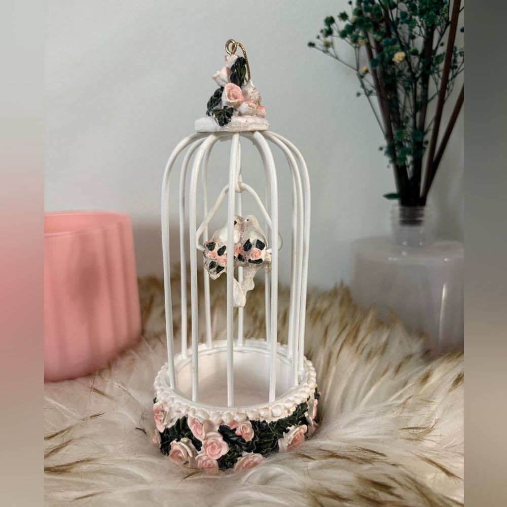 Shabby Chick White Pink Floral Cage That Hangs with 2 Lovebirds